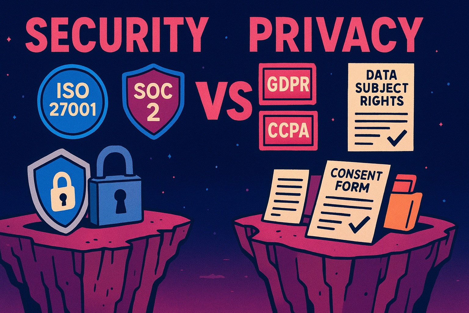 A security certificate next to a privacy compliance checklist